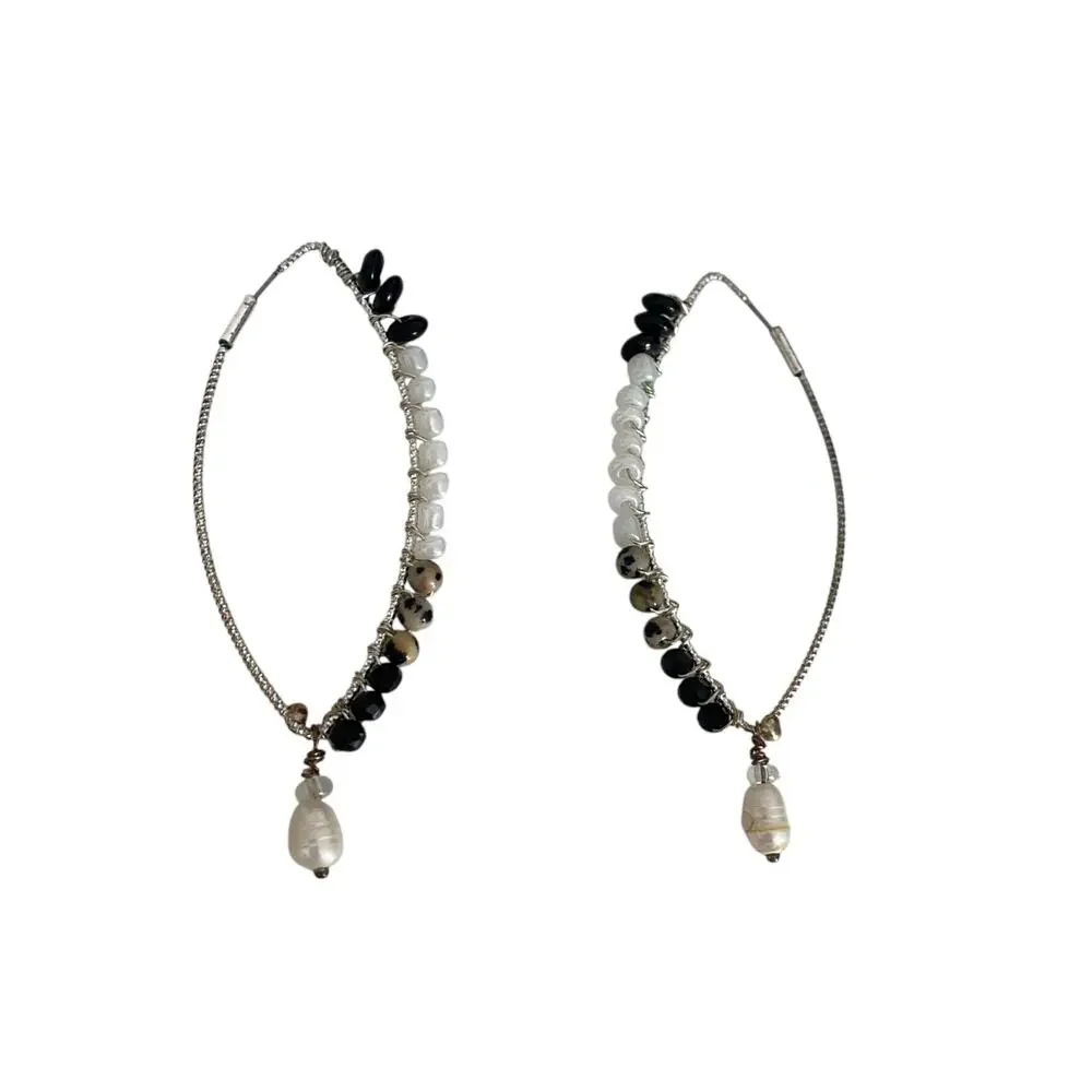 Rare Beaded teardrop Hoop Silver Earrings with pearl at the end